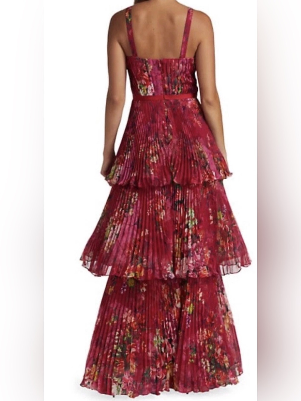 MARCHESA NOTTE Pleated Halter Floral Maxi Dress in Berry Sz 8 - Picture 3 of 9